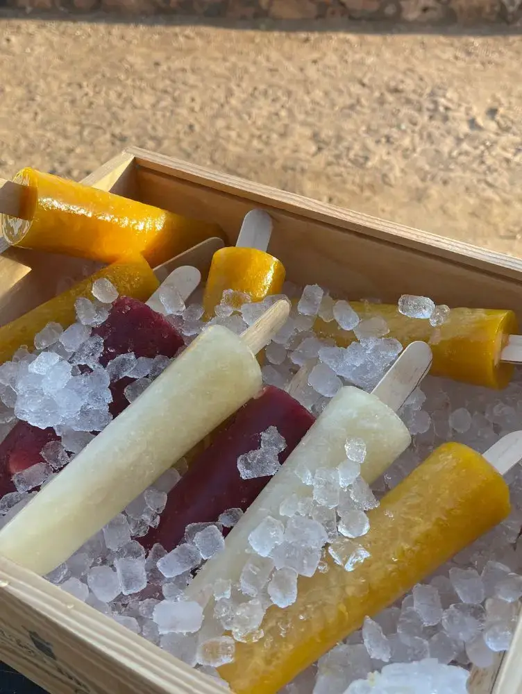 Bandexa de xeados artesanais sobre xeo, servizo de sobremesas frías en eventos Cinza e Lume.